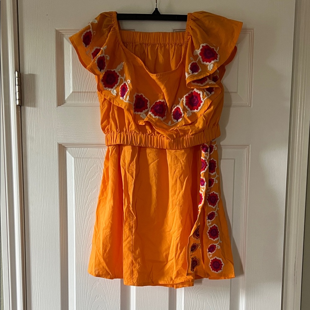 ASOS 100% Cotton Orange Crop Top & Skirt with Floral Embroidery